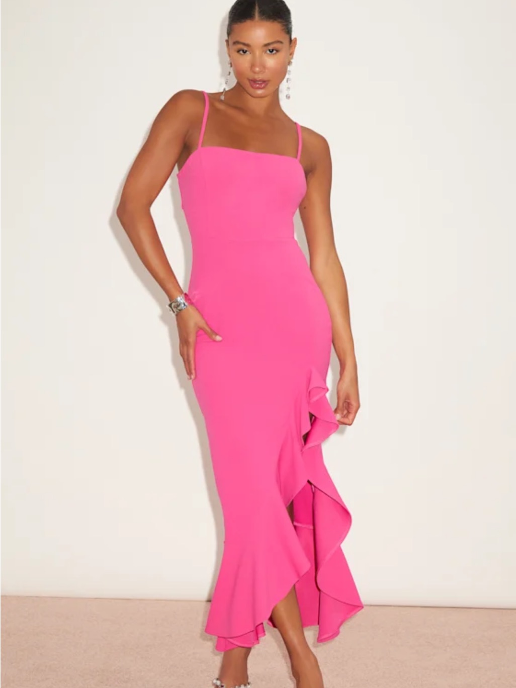 Nwt Lulus Hot Pink Ruffle-Hem Spaghetti Strap Dress